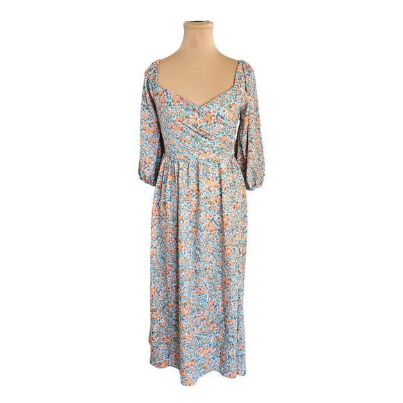 Piper & Scoot Light Blue & Orange Puff Sleeve Floral Dress Sz S - Picture 1 of 6